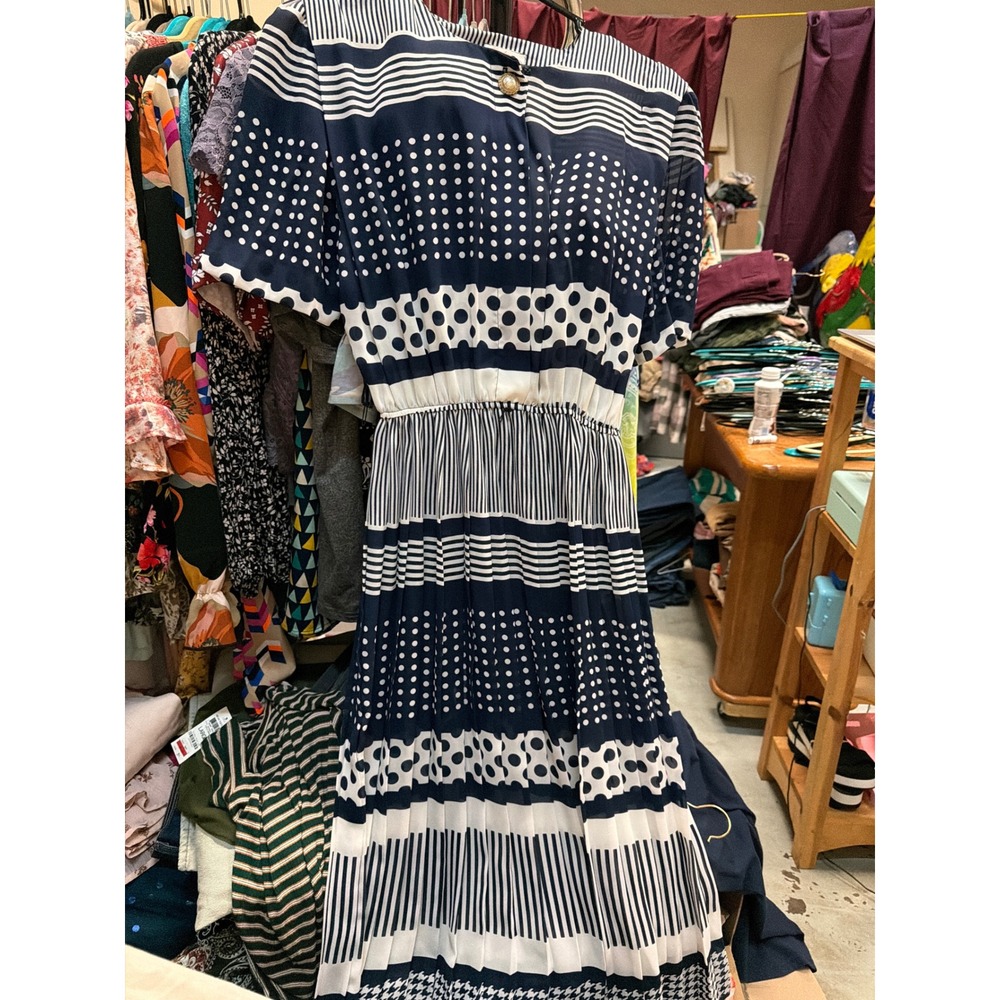 Lady Carol of New York Vintage Navy White Striped Polka Dot Pleated Midi Dress